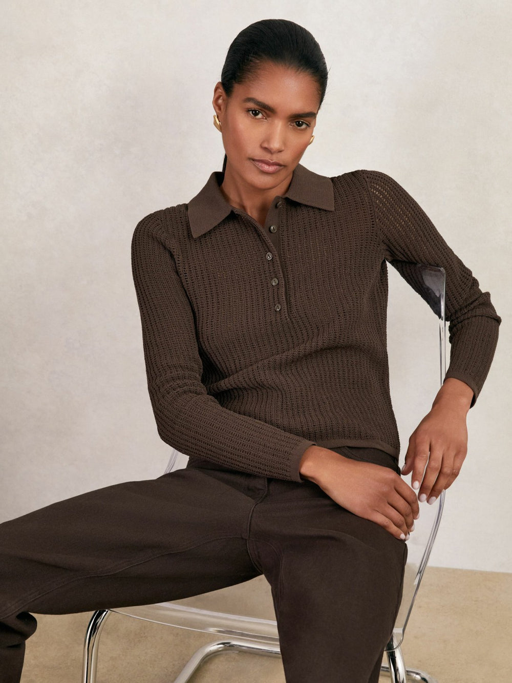 Open-Knit Long-Sleeve Polo Top Chocolate Brown | Women