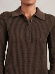 Open-Knit Long-Sleeve Polo Top Chocolate Brown | Women