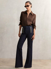 Petite Button-Detail High-Rise Flared Jeans Dark Blue | Women