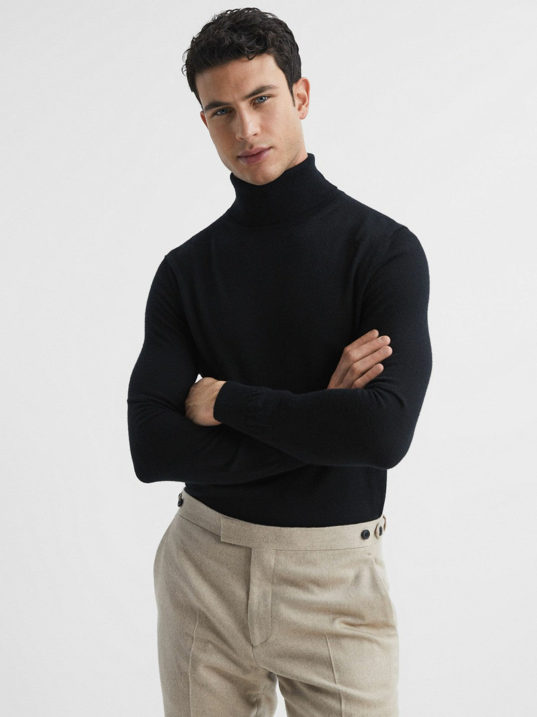 Slim Fit Merino Wool Roll Neck Jumper Black | Men
