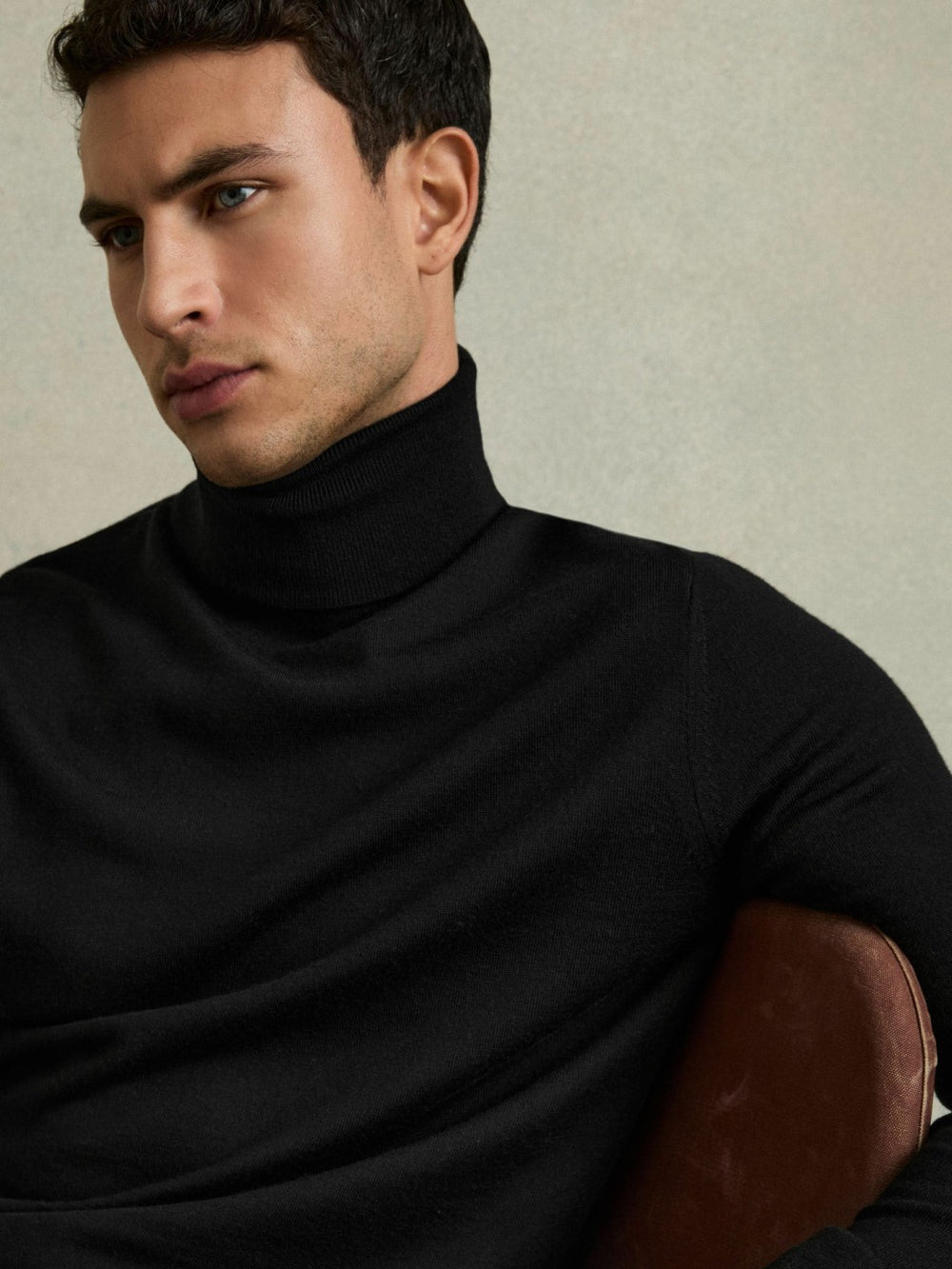 Slim Fit Merino Wool Roll Neck Jumper Black | Men