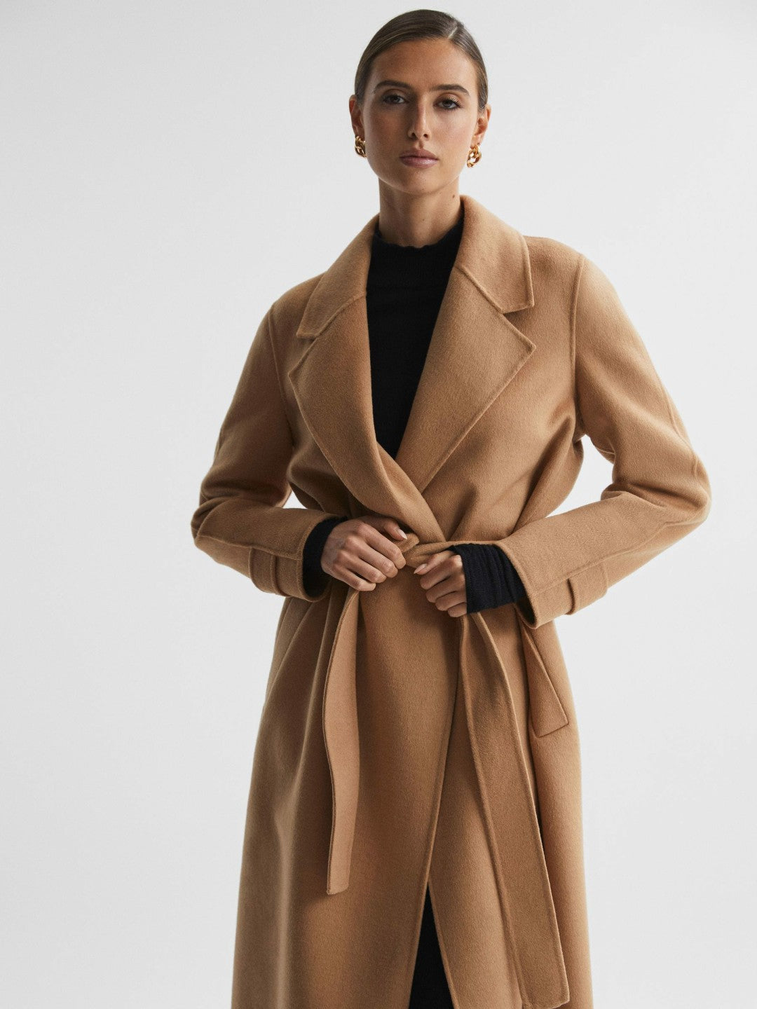Wool Blend Belted Blindseam Coat Camel | Women