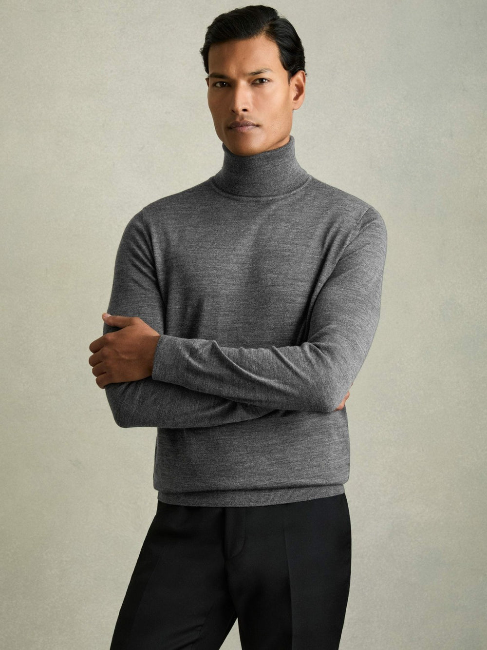 Slim Fit Merino Wool Roll Neck Jumper Derby Grey Marl | Men