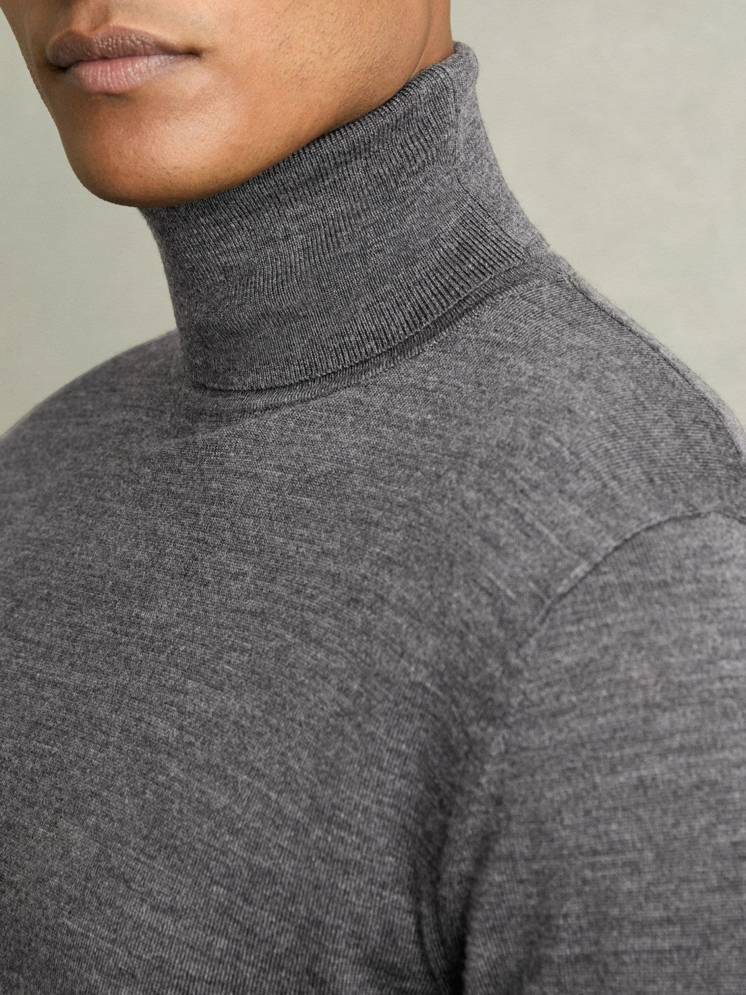 Slim Fit Merino Wool Roll Neck Jumper Derby Grey Marl | Men