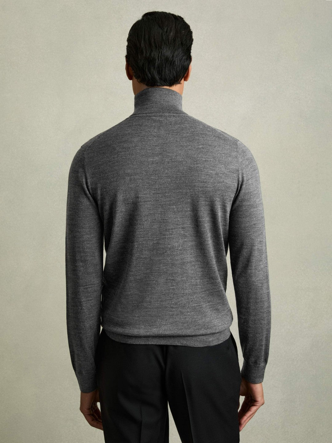 Slim Fit Merino Wool Roll Neck Jumper Derby Grey Marl | Men