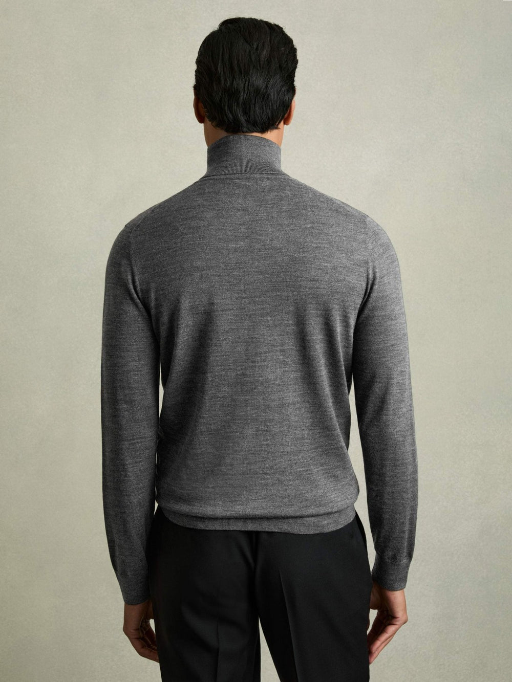 Slim Fit Merino Wool Roll Neck Jumper Derby Grey Marl | Men