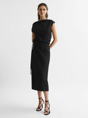 Premium Linen Blend Open-Back Midi Dress Black | Women