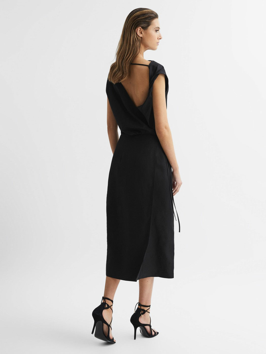 Premium Linen Blend Open-Back Midi Dress Black | Women