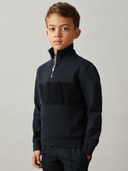 9-13 yrs Slim Fit Half-Zip Funnel Neck Velour Sweatshirt Navy | Children & Baby