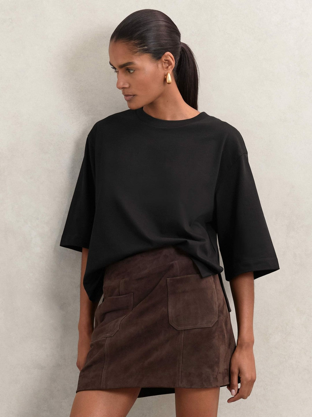 Oversized Cotton Crew Neck T-Shirt Black | Women