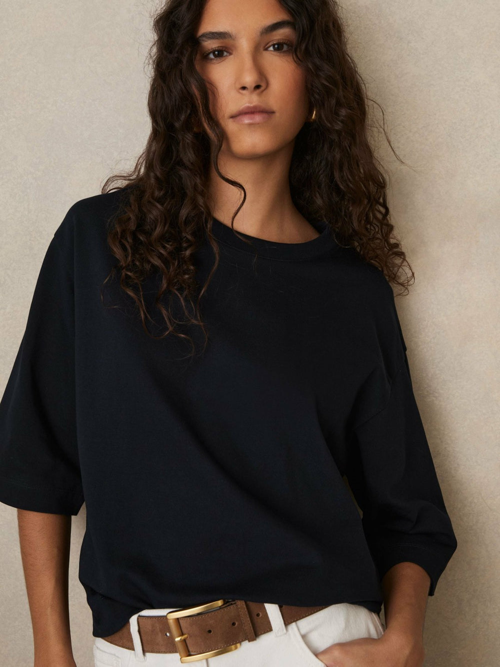 Oversized Cotton Crew Neck T-Shirt Navy | Women