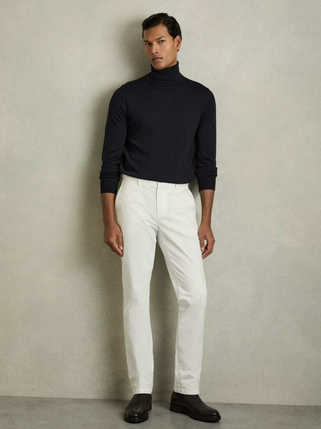 Slim Fit Merino Wool Roll Neck Jumper Navy | Men