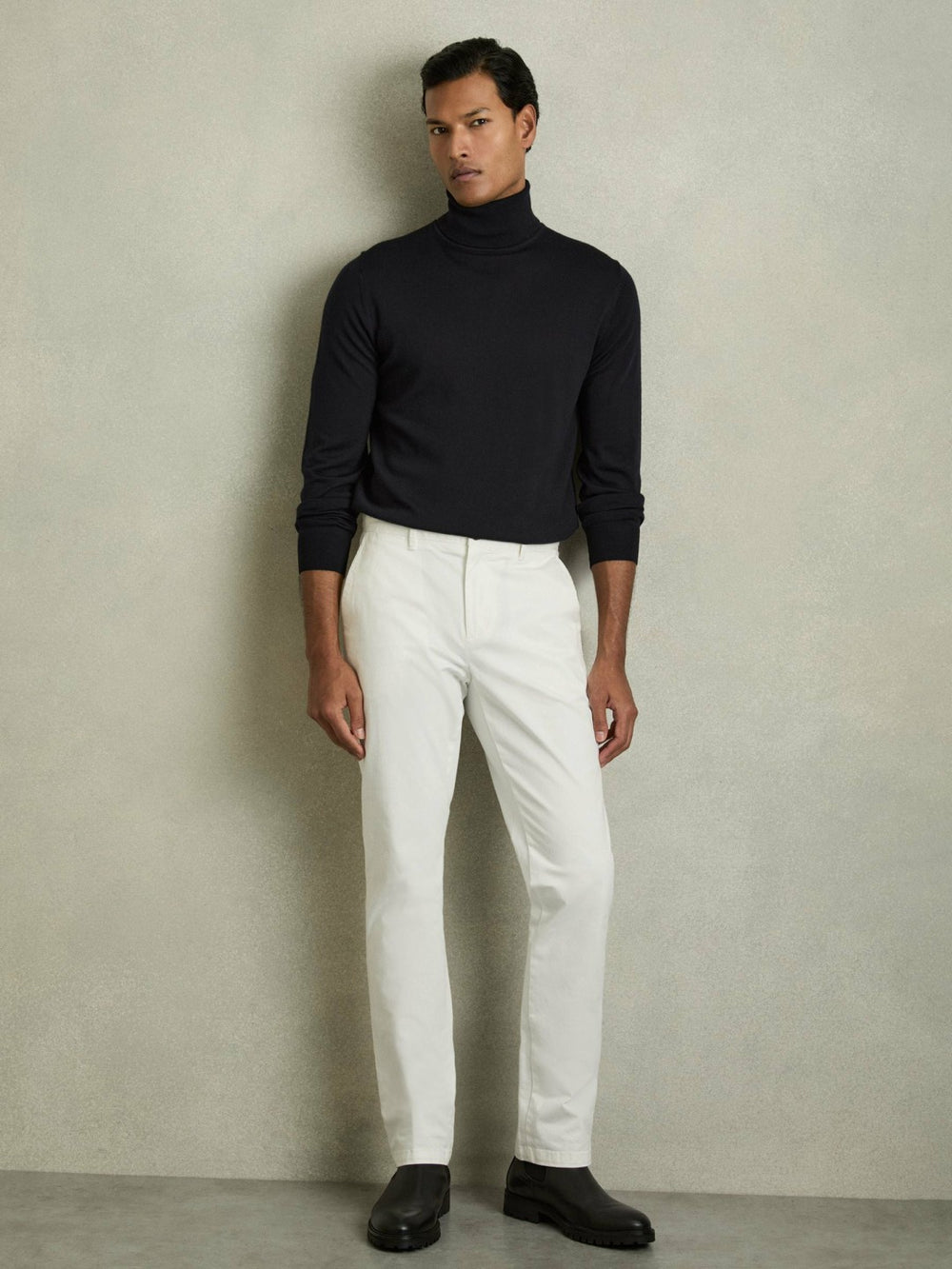 Slim Fit Merino Wool Roll Neck Jumper Navy | Men