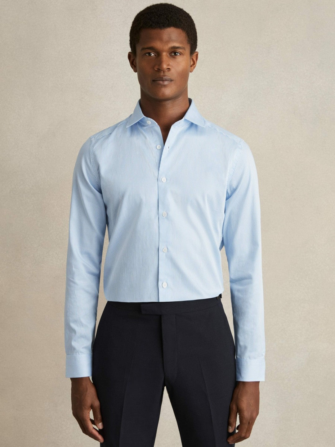 Slim Fit Cotton-Satin Cutaway-Collar Shirt Blue Stripe | Men