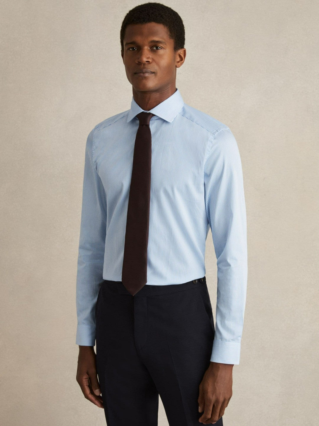Slim Fit Cotton-Satin Cutaway-Collar Shirt Blue Stripe | Men