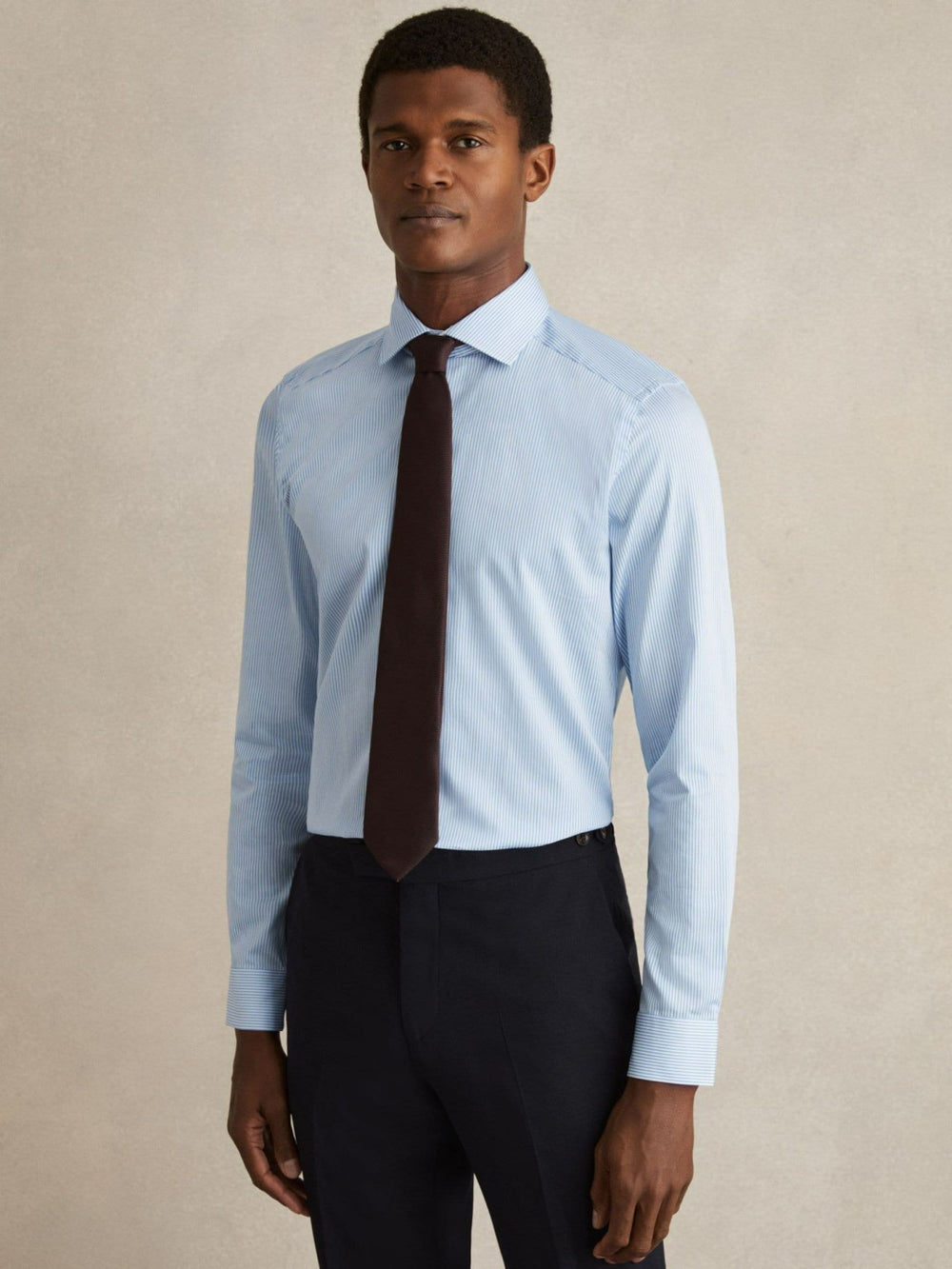 Slim Fit Cotton-Satin Cutaway-Collar Shirt Blue Stripe | Men