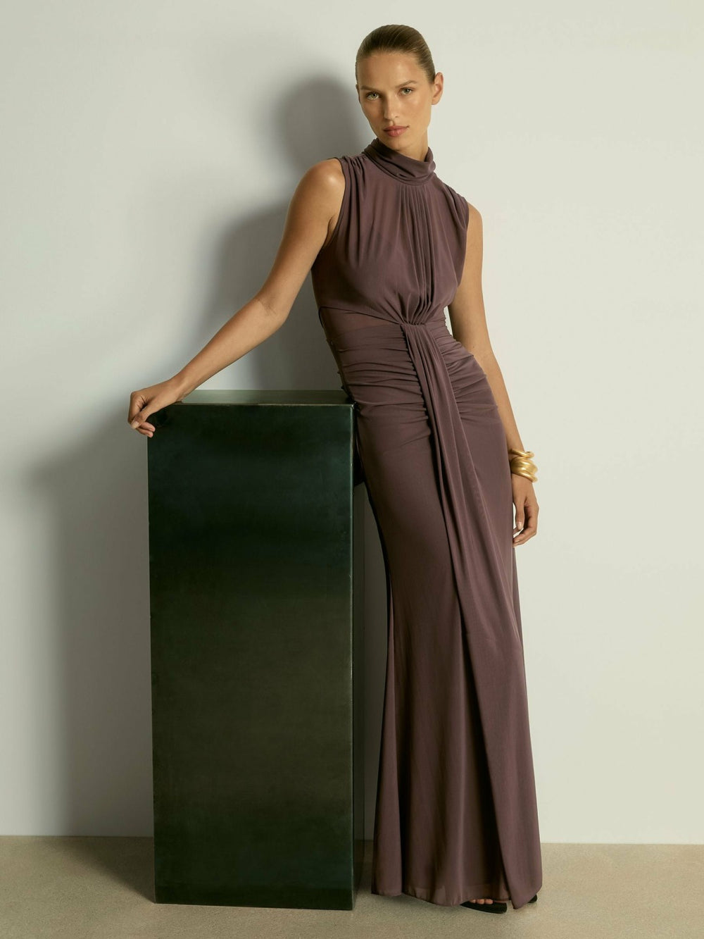 Sheer Ruched Maxi Dress Taupe | Women