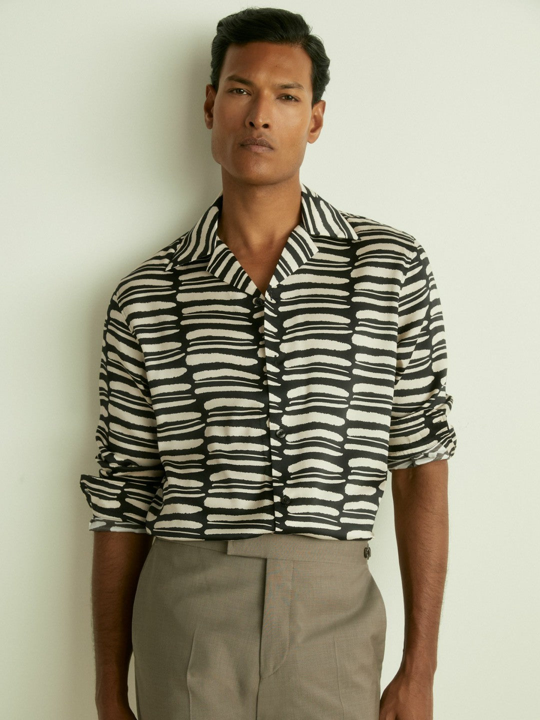Abstract-Print Twill Cuban-Collar Shirt Black/White | Men