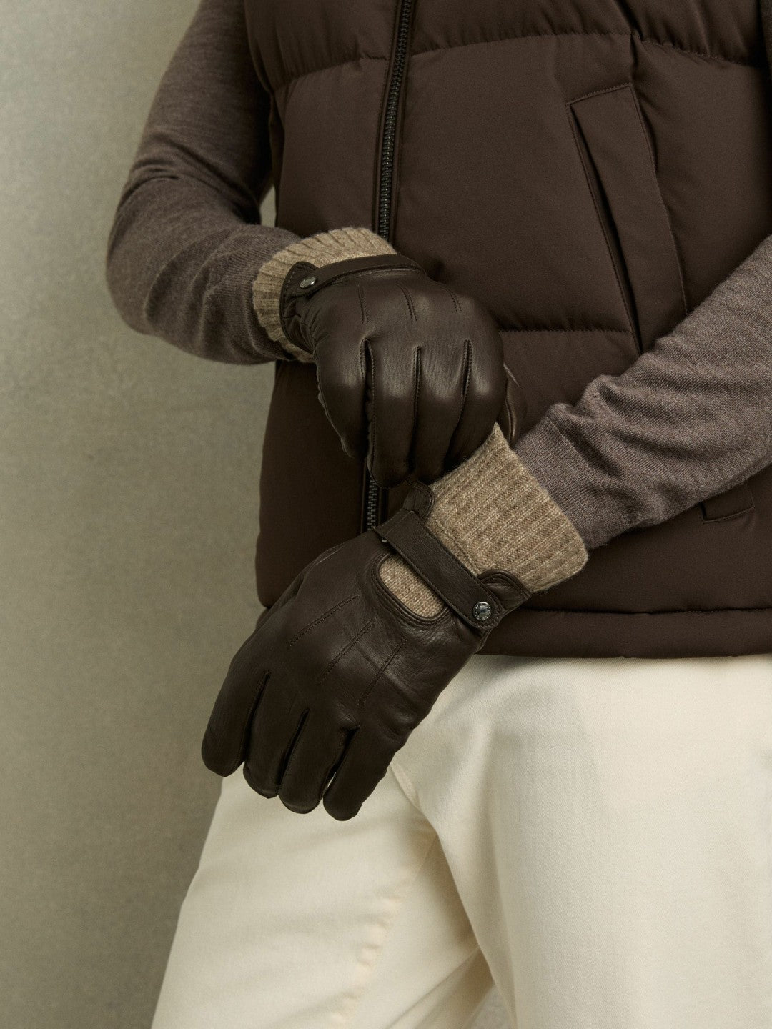 Leather Ribbed-Cuff Gloves Dark Brown | Men