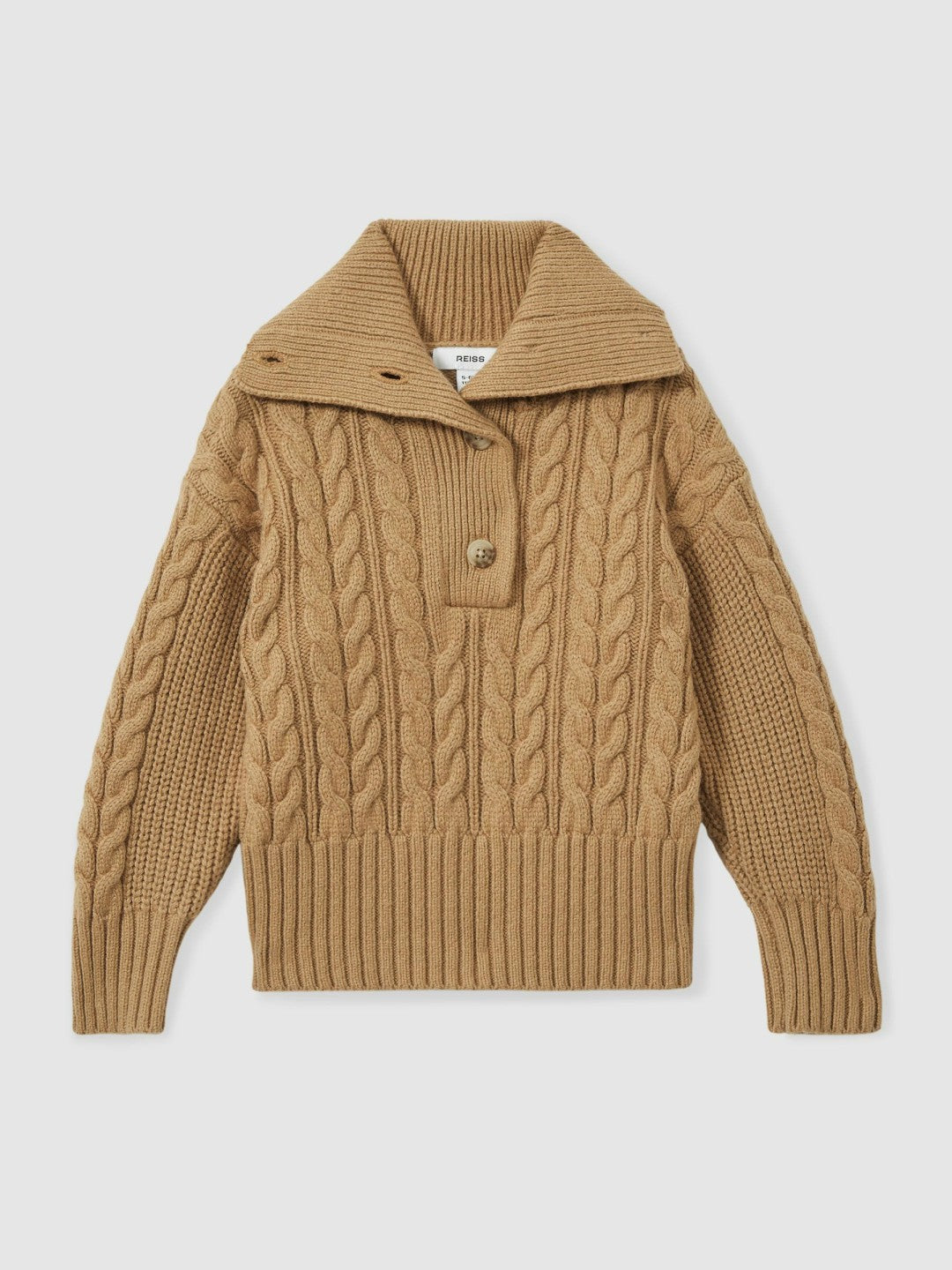 13-14 yrs Cotton-Blend Open-Collar Cable-Knit Jumper With Wool Camel | Children & Baby