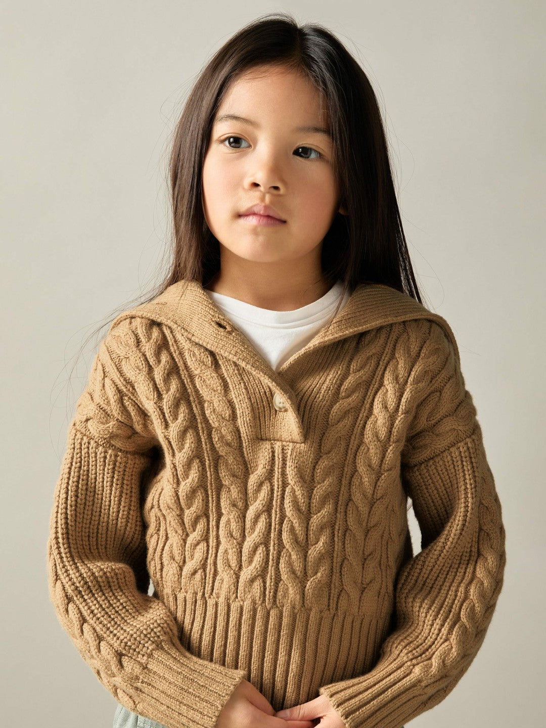 4-9 yrs Cotton-Blend Open-Collar Cable-Knit Jumper With Wool Camel | Children & Baby