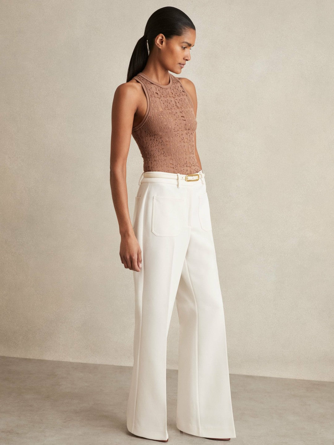 Twill Patch-Pocket Flared Trousers Cream | Women