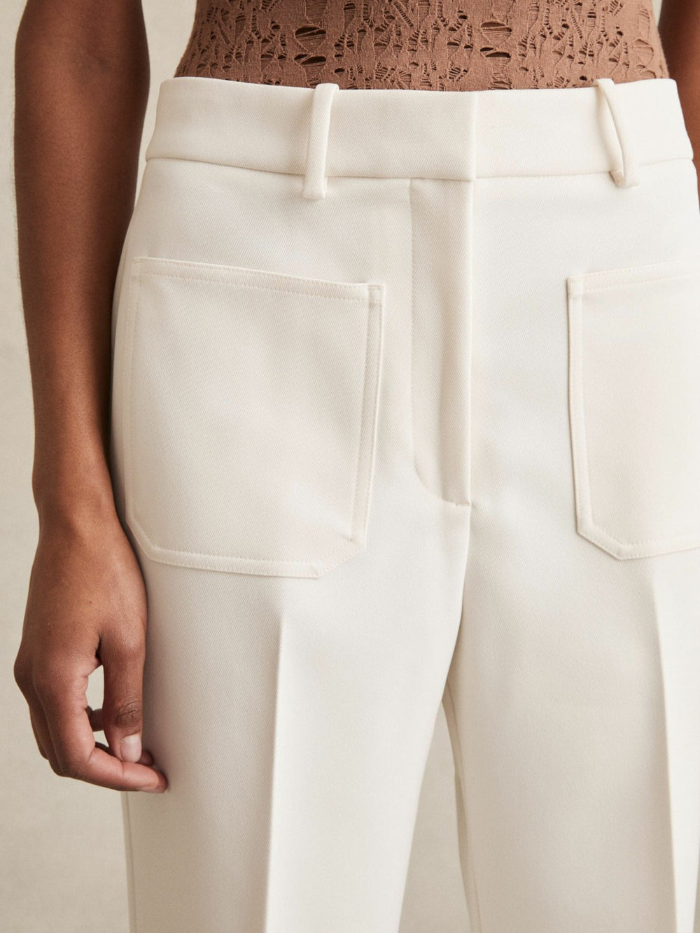 Twill Patch-Pocket Flared Trousers Cream | Women