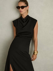Twill-Jersey Draped Midi Dress Black | Women