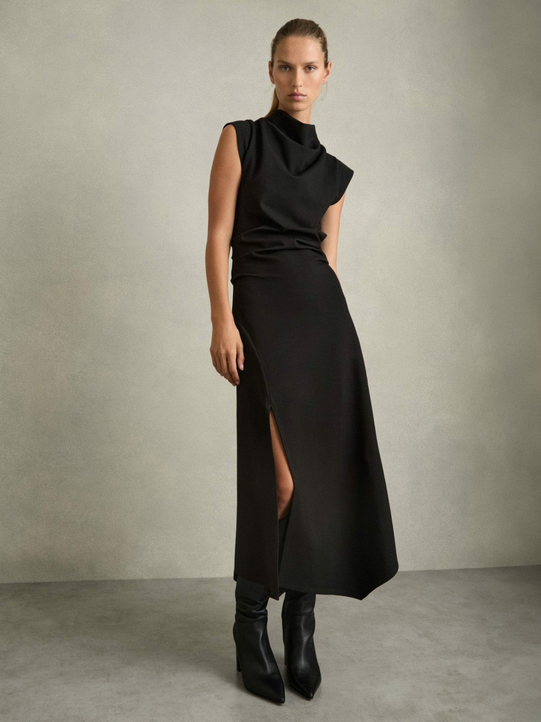 Twill-Jersey Draped Midi Dress Black | Women