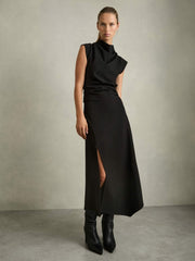 Twill-Jersey Draped Midi Dress Black | Women