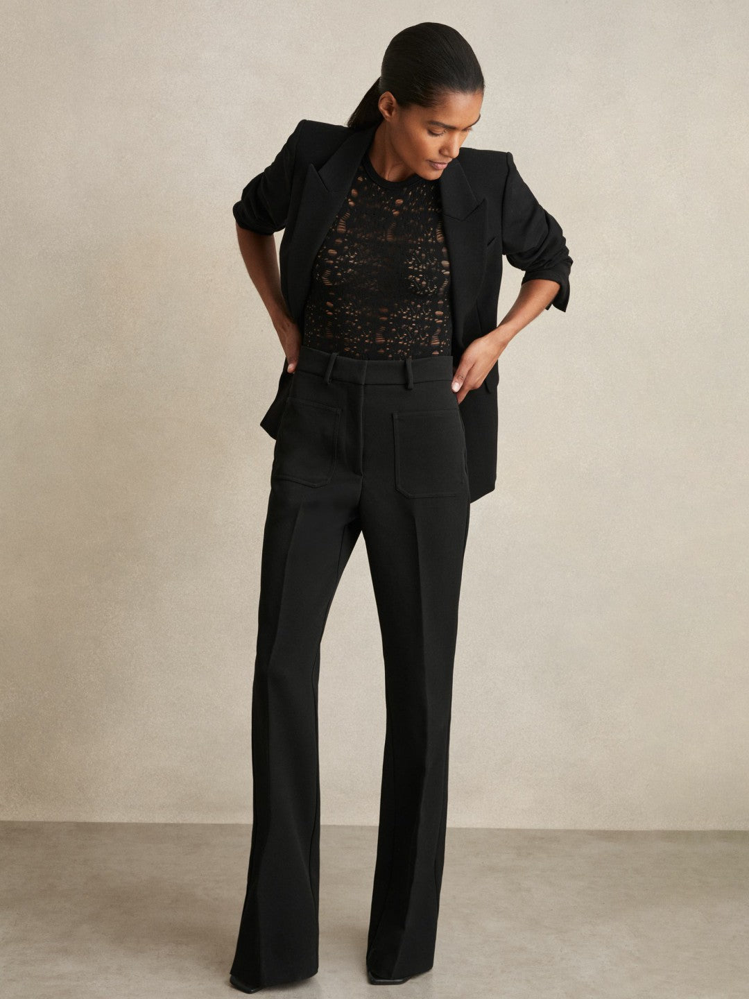 Twill Patch-Pocket Flared Trousers Black | Women