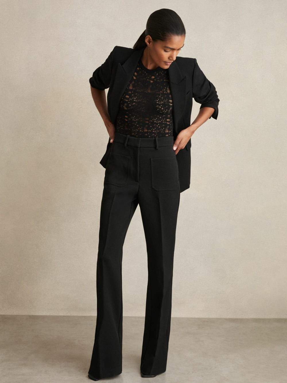 Twill Patch-Pocket Flared Trousers Black | Women