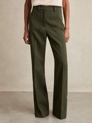 Petite Twill Patch-Pocket Flared Trousers Green | Women