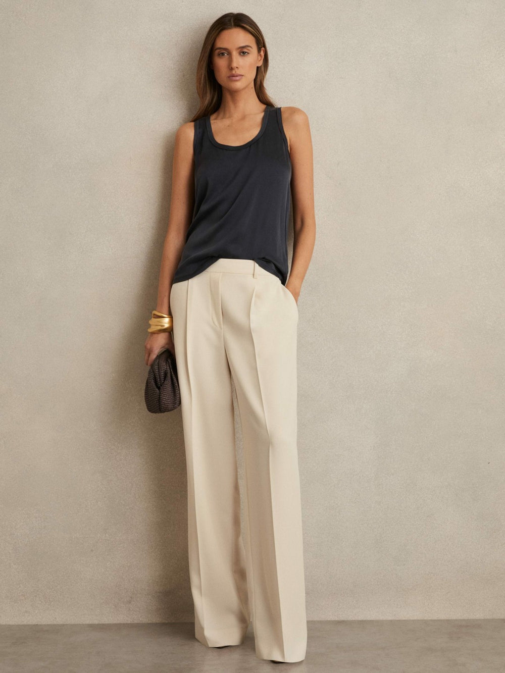 Elasticated-Waist Wide-Leg Twill Trousers Cream | Women