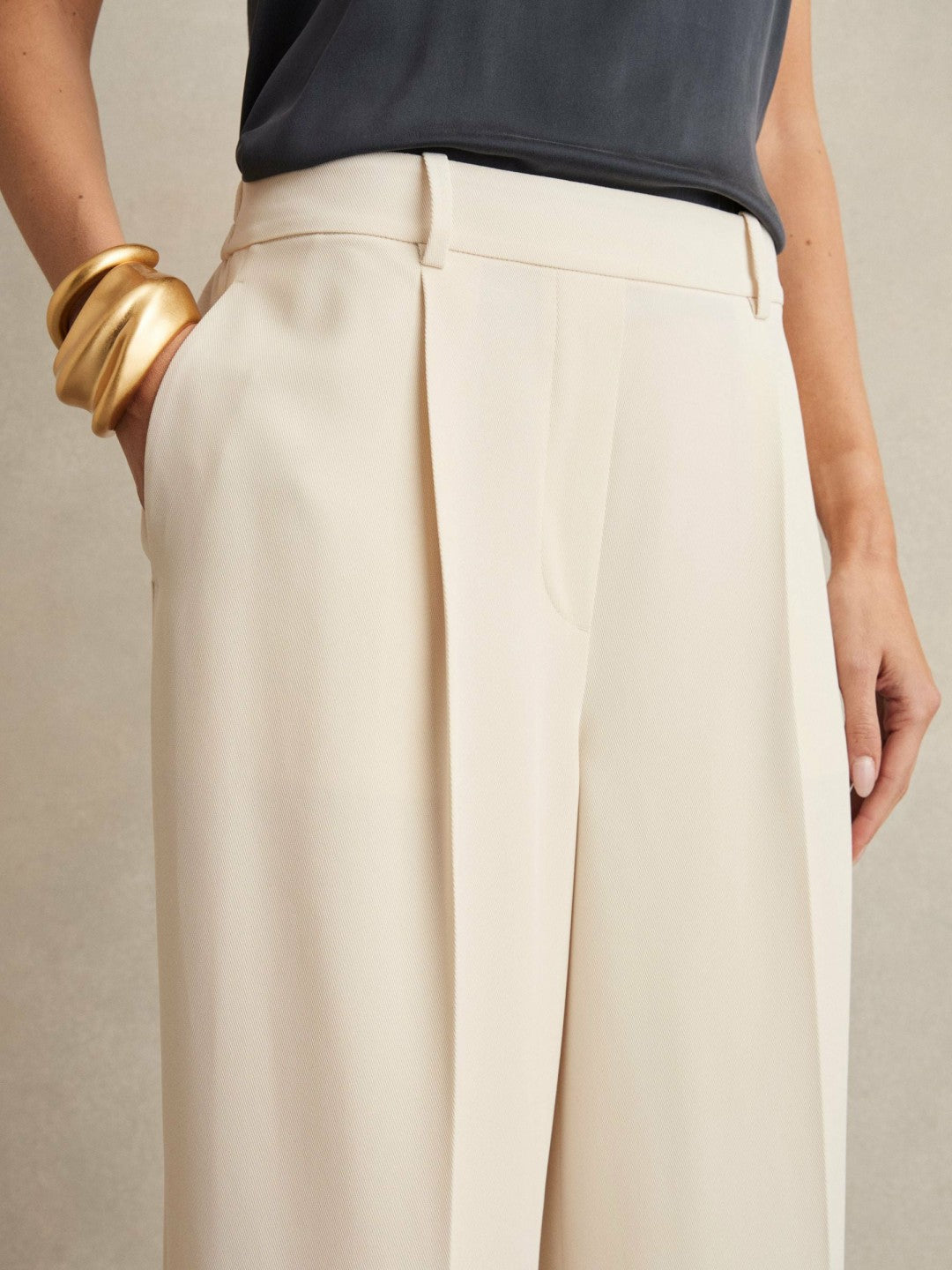 Elasticated-Waist Wide-Leg Twill Trousers Cream | Women