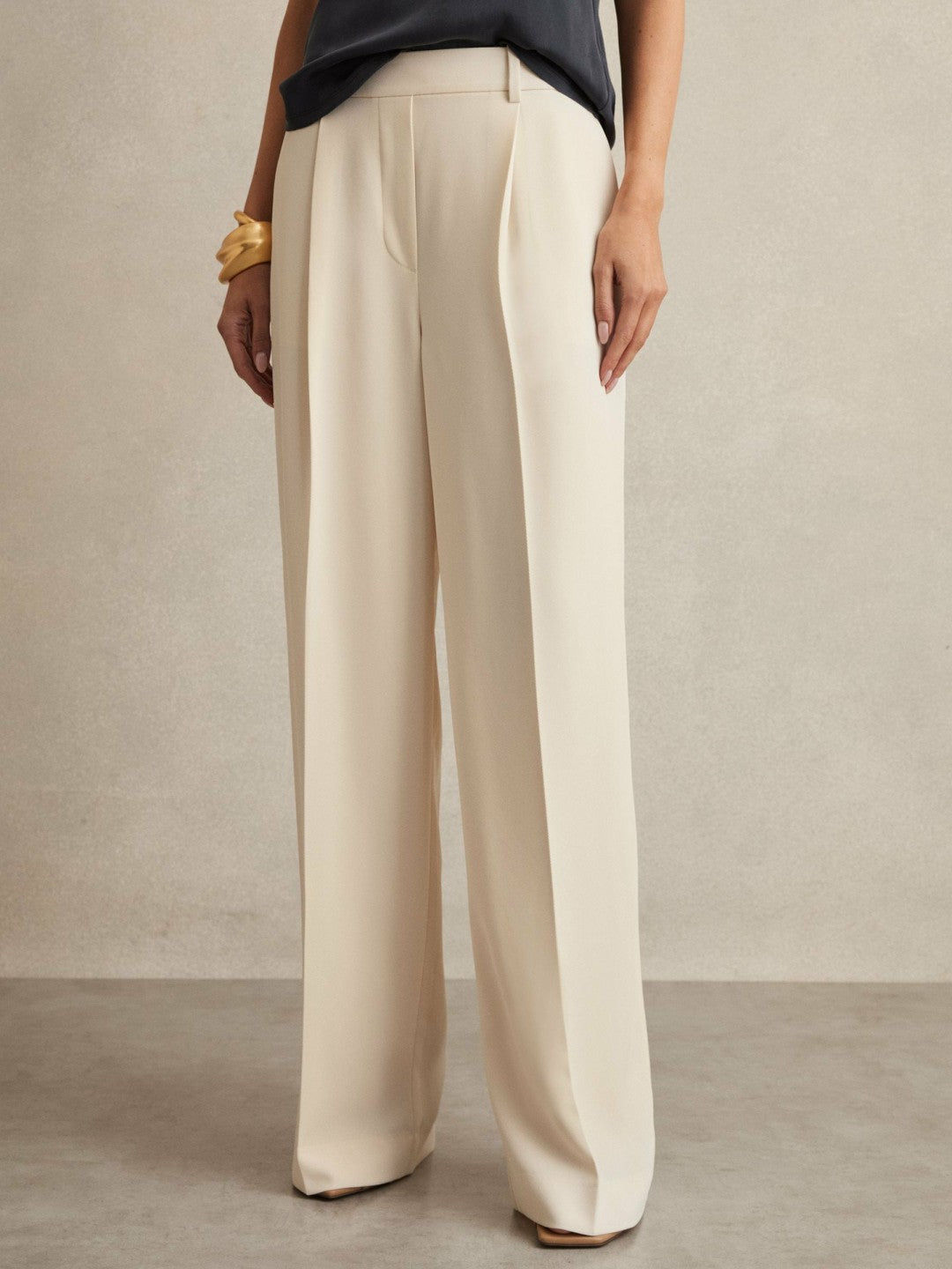 Petite Elasticated-Waist Wide-Leg Twill Trousers Cream | Women
