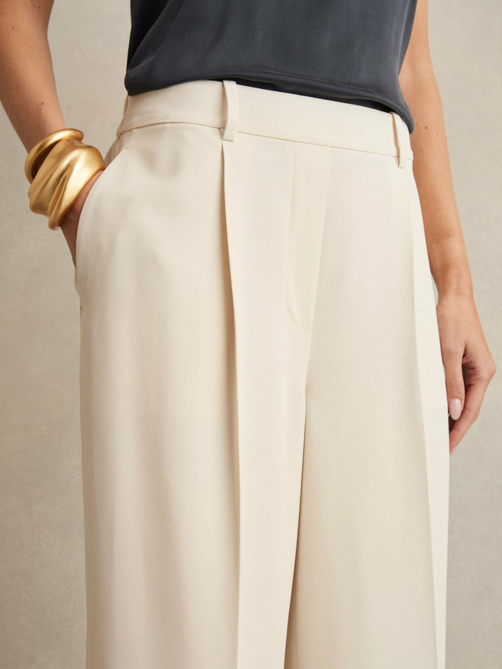 Petite Elasticated-Waist Wide-Leg Twill Trousers Cream | Women