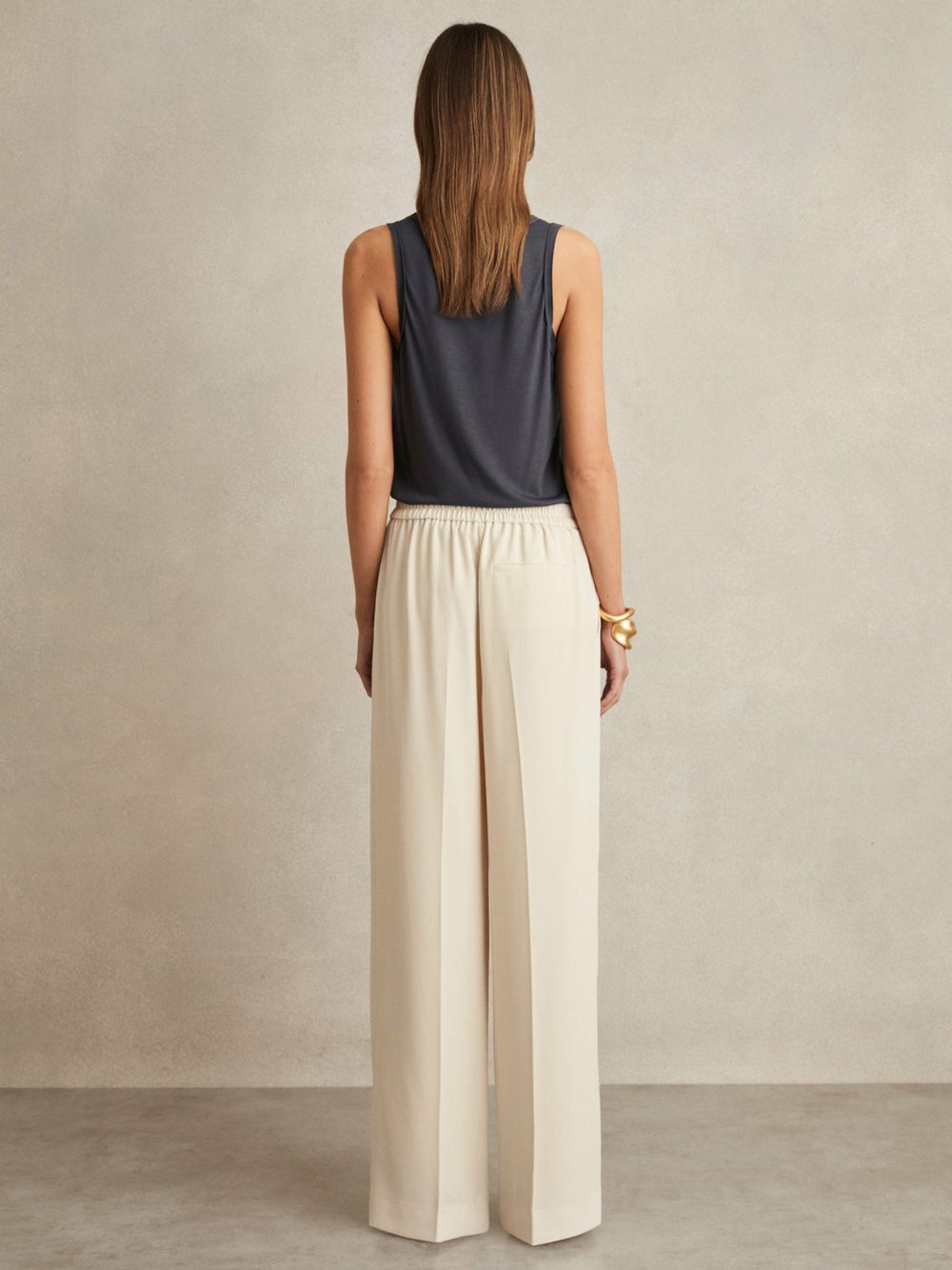 Petite Elasticated-Waist Wide-Leg Twill Trousers Cream | Women