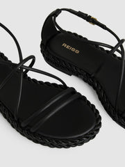 Leather Braided Flat Sandals Black | Women