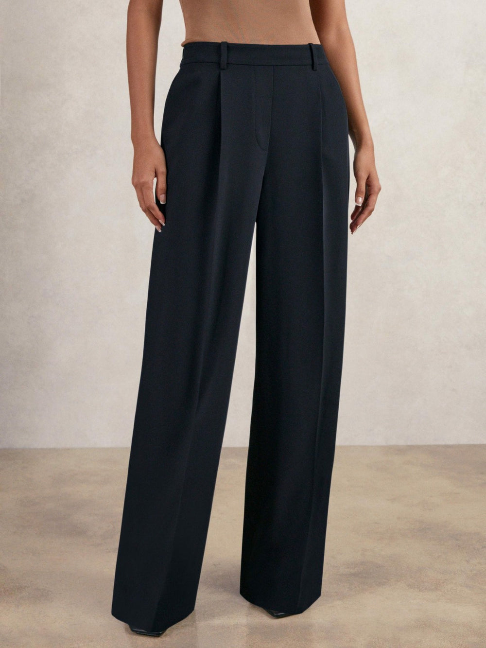 Petite Elasticated-Waist Wide-Leg Twill Trousers Navy | Women