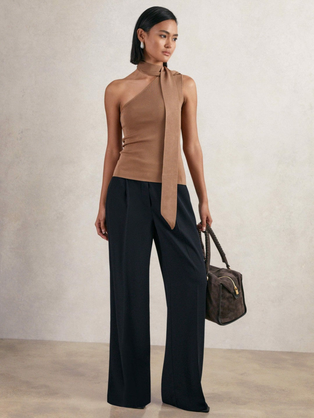 Petite Elasticated-Waist Wide-Leg Twill Trousers Navy | Women