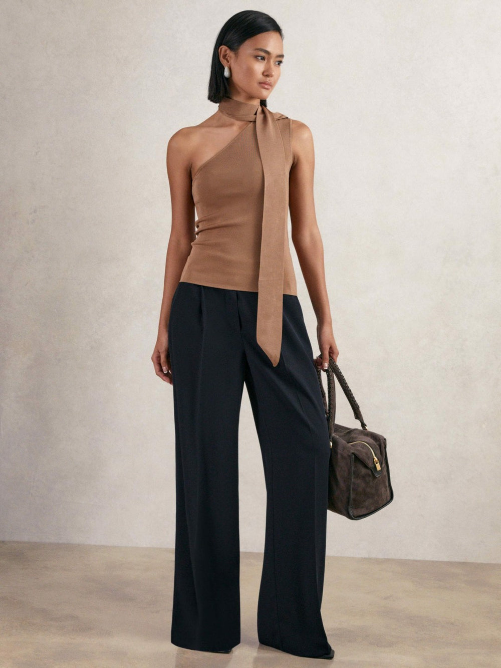 Petite Elasticated-Waist Wide-Leg Twill Trousers Navy | Women