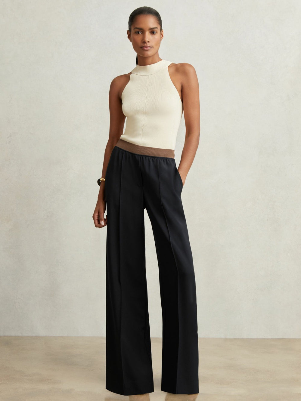 Elasticated-Waist Wide-Leg Twill Trousers Navy | Women