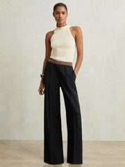 Elasticated-Waist Wide-Leg Twill Trousers Navy | Women