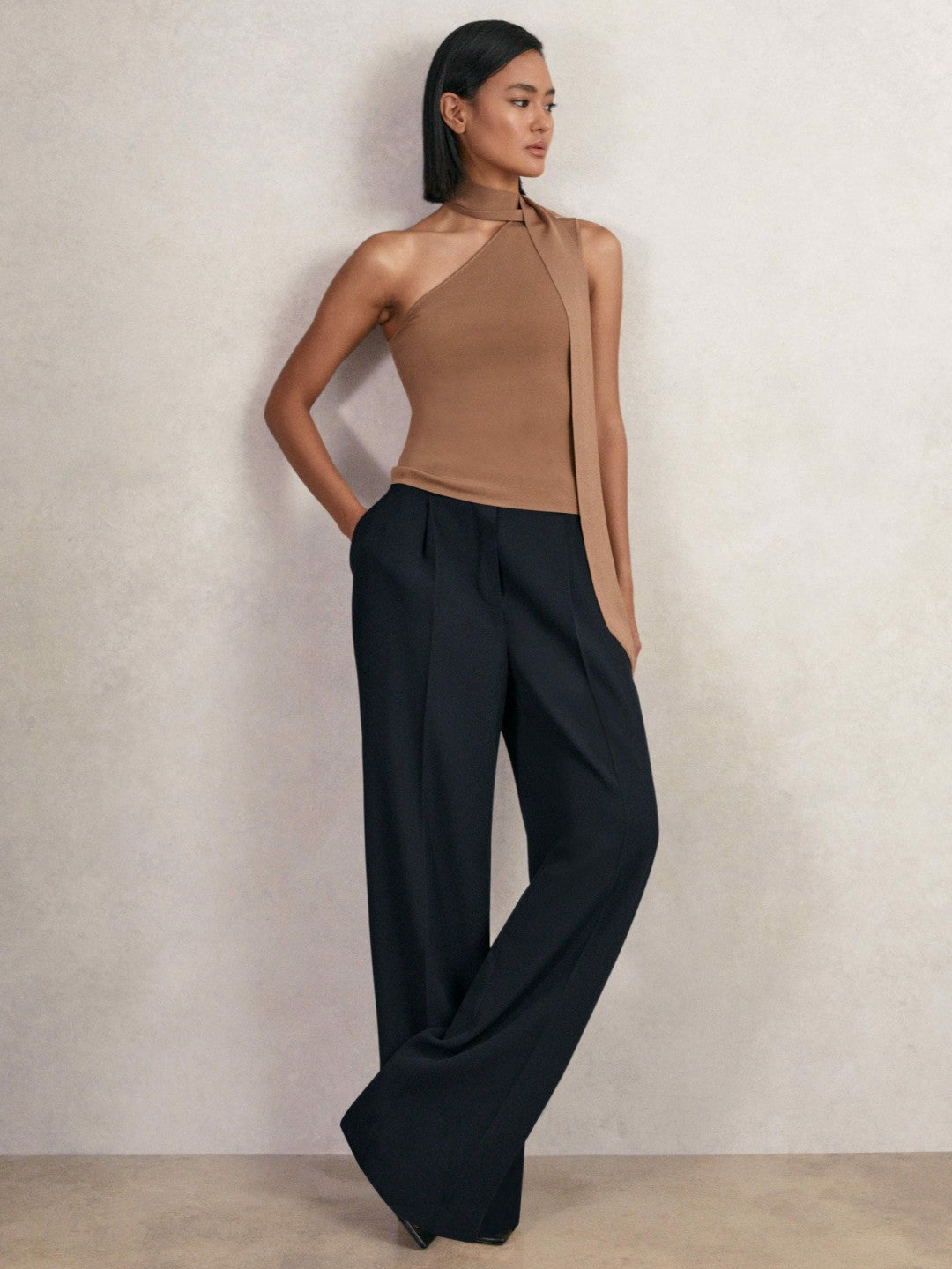 Elasticated-Waist Wide-Leg Twill Trousers Navy | Women