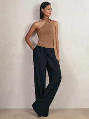 Elasticated-Waist Wide-Leg Twill Trousers Navy | Women