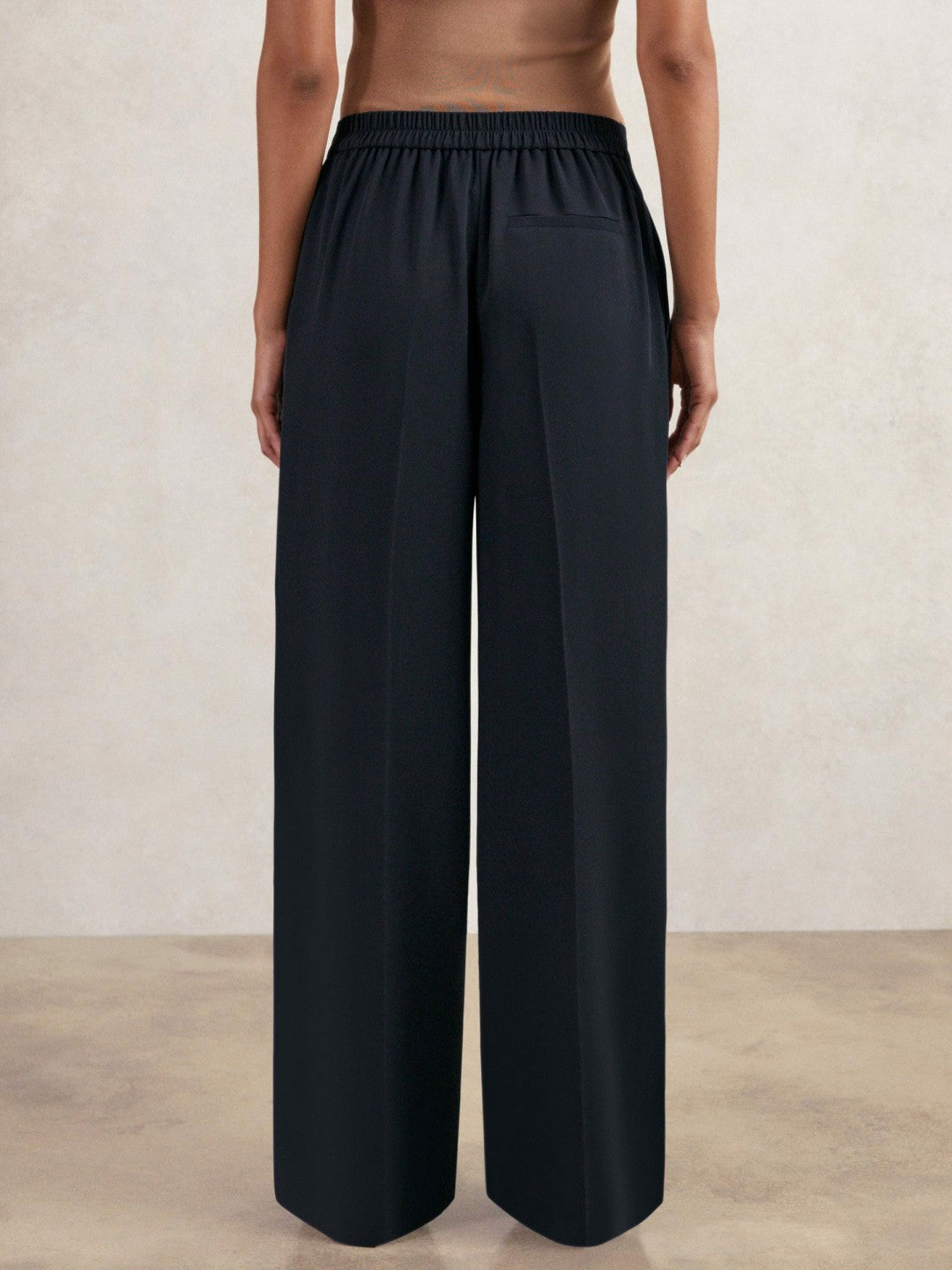 Elasticated-Waist Wide-Leg Twill Trousers Navy | Women