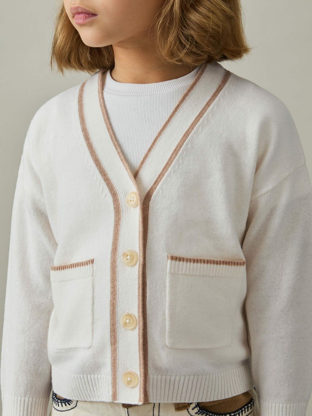 9-13 yrs Wool-Blend Tipped Cardigan Cream | Children & Baby