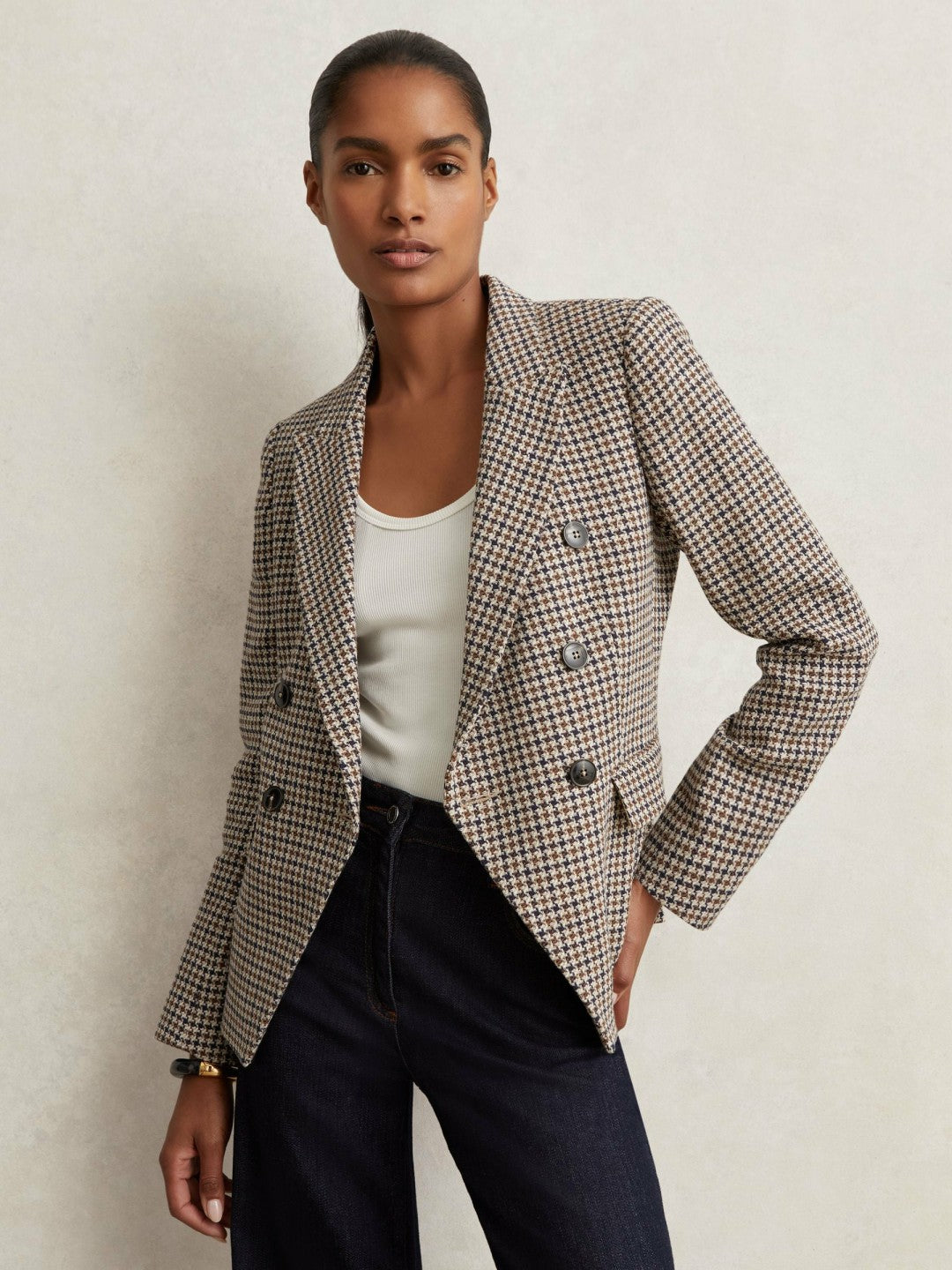 Cotton-Linen Double-Breasted Houndstooth-Check Blazer Navy Neutral Check | Women
