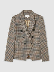 Cotton-Linen Double-Breasted Houndstooth-Check Blazer Navy Neutral Check | Women
